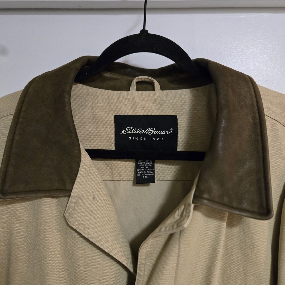 Eddie Bauer  Size XXL Beige Field‎ Jacket Canvas Lined Barn Chore Leather Collar - Picture 2 of 9